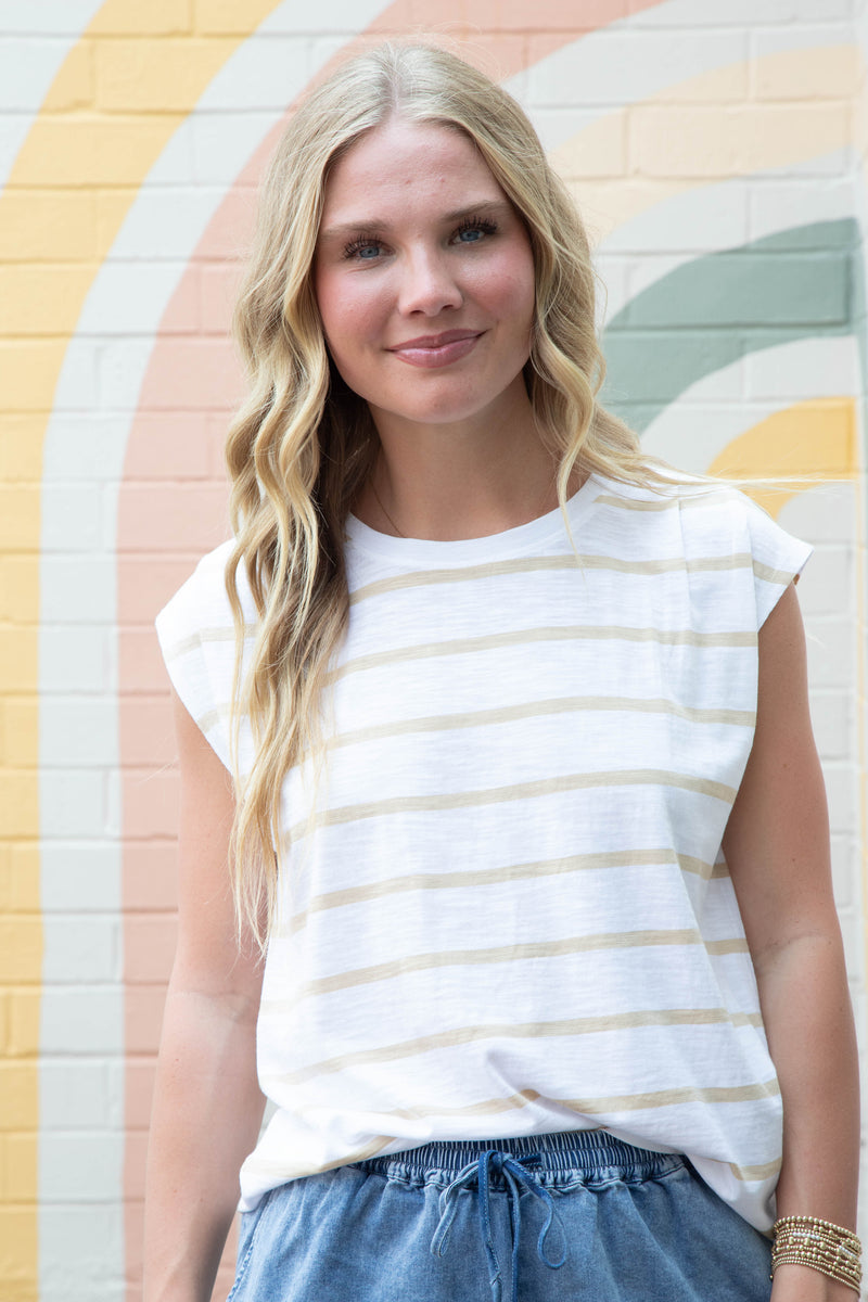 Frankie Pleated Muscle Tee, Sandstone Stripe | Sanctuary