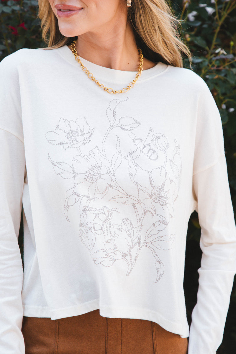 Embroidered Flower Graphic Long Sleeve Tee, Vintage White