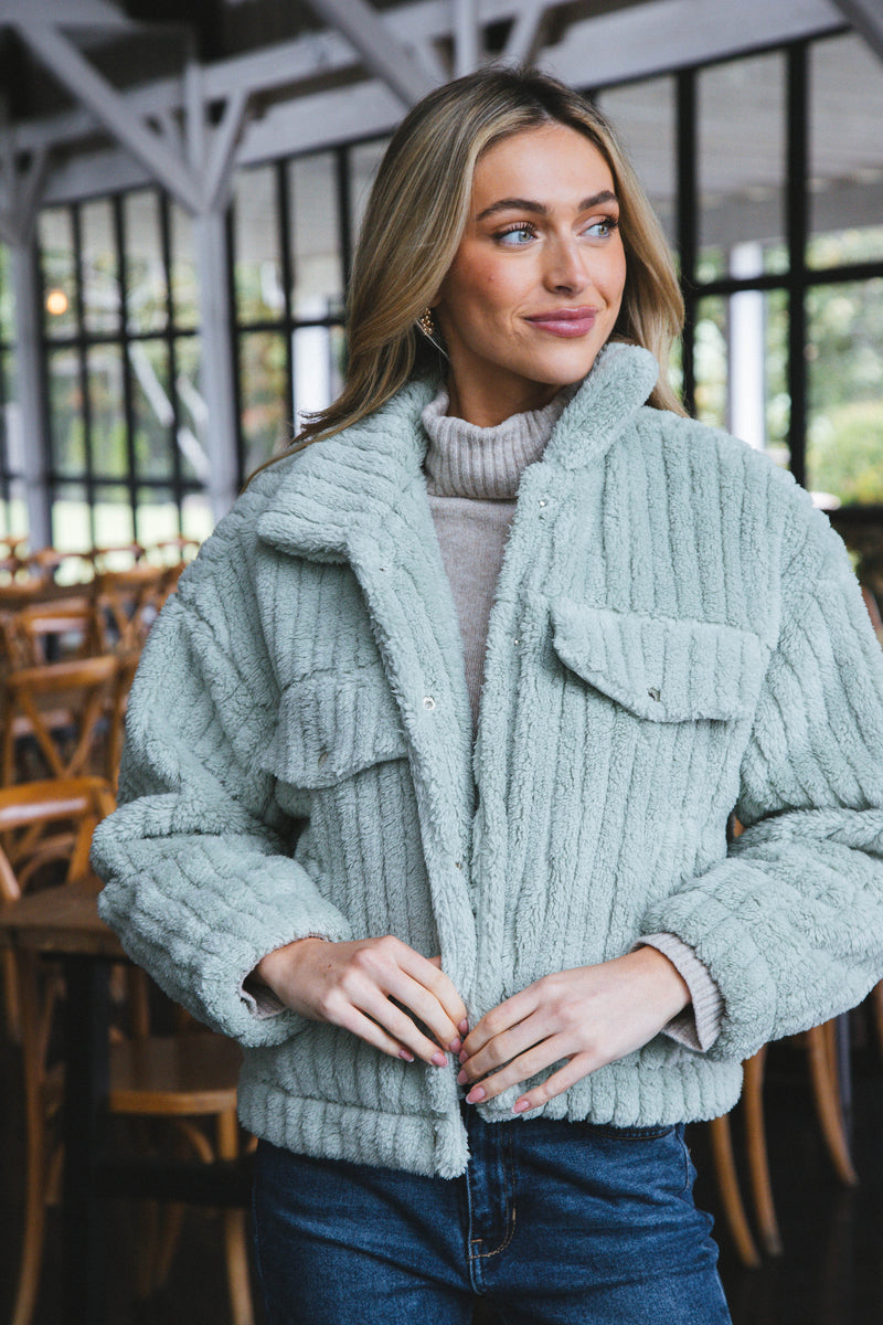 Teddy Snap Button Down Jacket, Sage