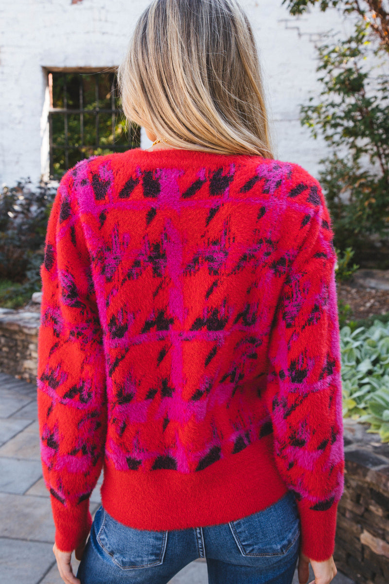 Ujila Houndstooth Sweater, Red Pink | RD Style