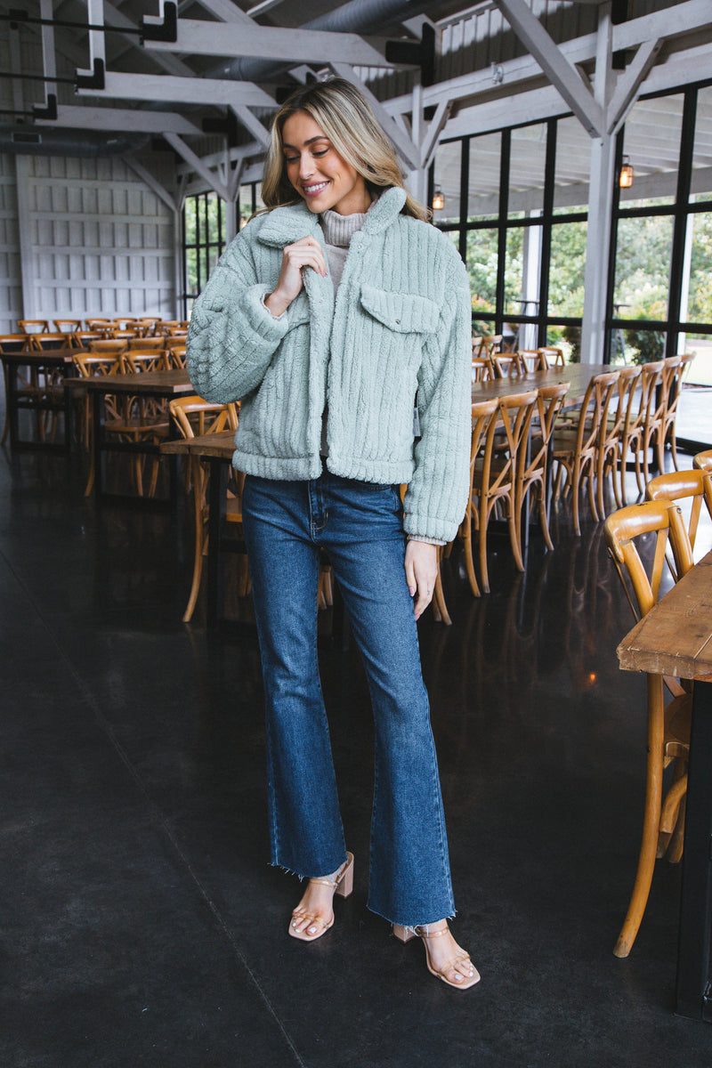 Teddy Snap Button Down Jacket, Sage