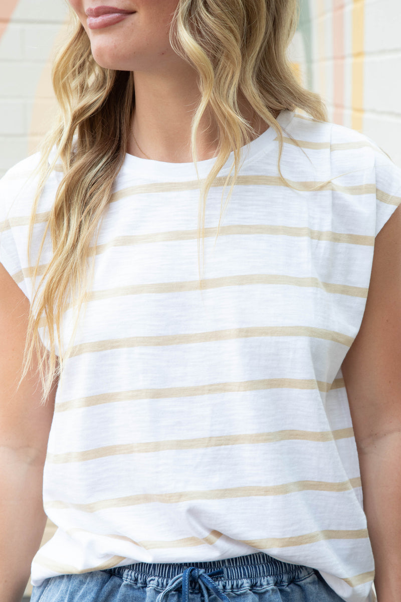 Frankie Pleated Muscle Tee, Sandstone Stripe | Sanctuary