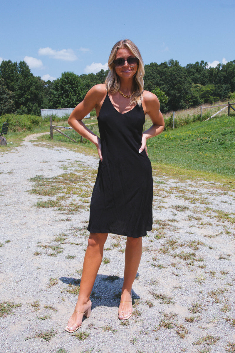 Kamryn Knee Length Slip Dress, Black