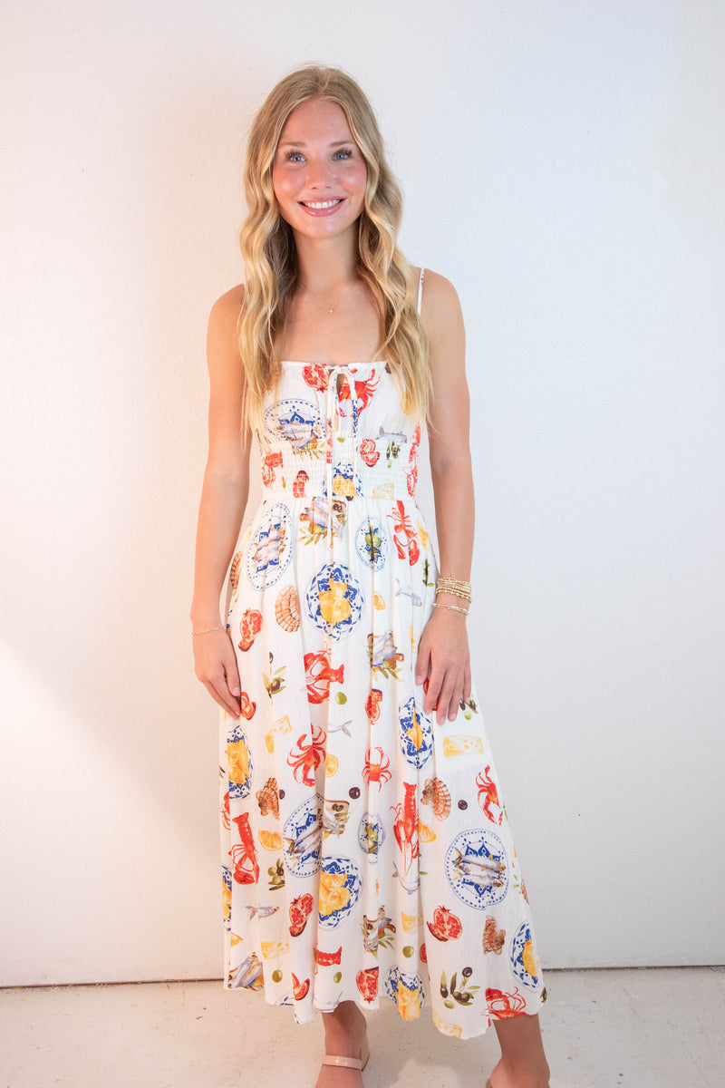 Faye Seaside Lunch Midi Dress, Ivory Multi