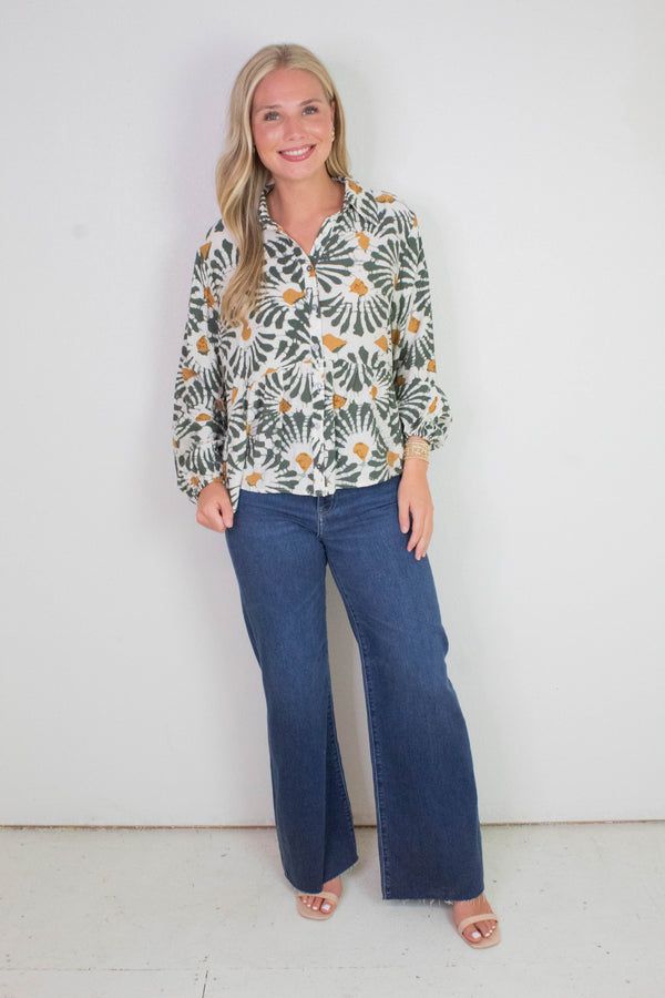 Katherine Printed Button Down Top, Olive