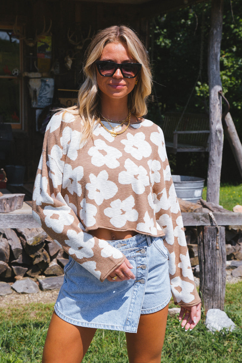 Floral Knit Cropped Sweater, Taupe