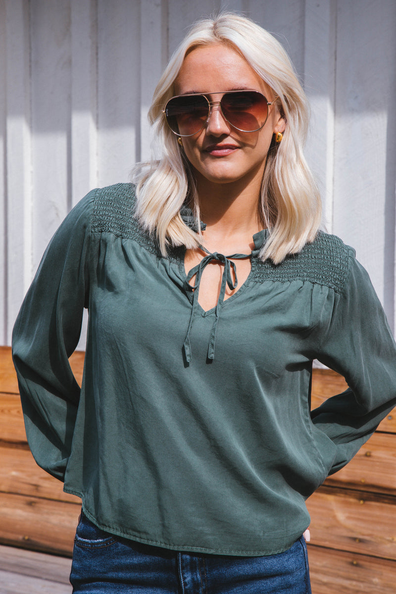 Penelope Smocked Tie Top, Dark Green | Velvet Heart