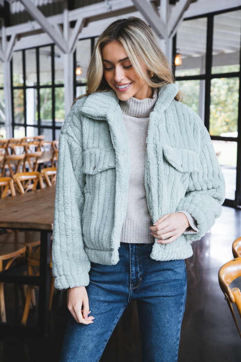 Teddy Snap Button Down Jacket, Sage