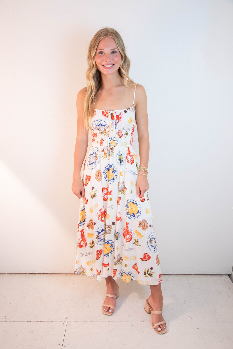 Faye Seaside Lunch Midi Dress, Ivory Multi