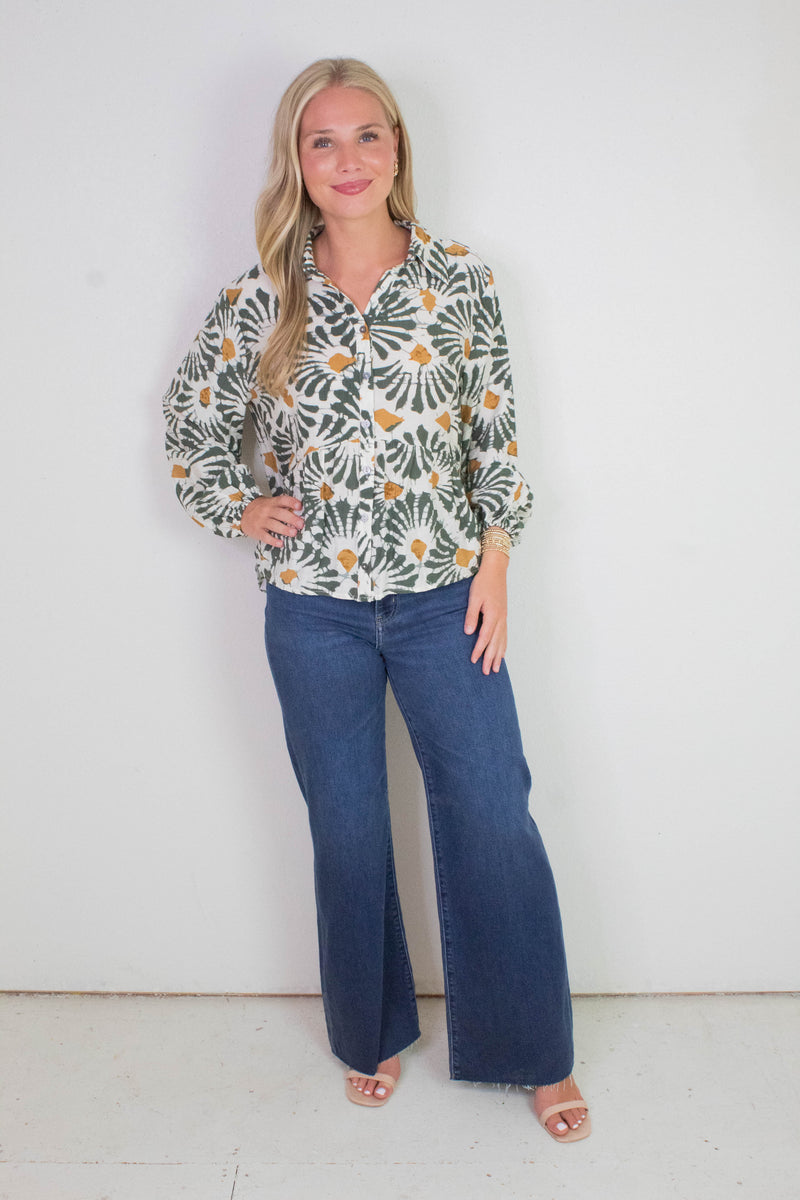 Katherine Printed Button Down Top, Olive