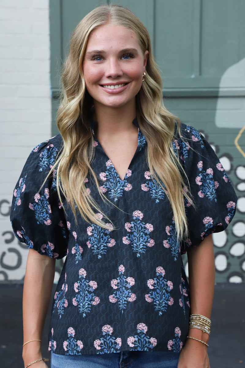 Madison Block Floral Print Top, Black