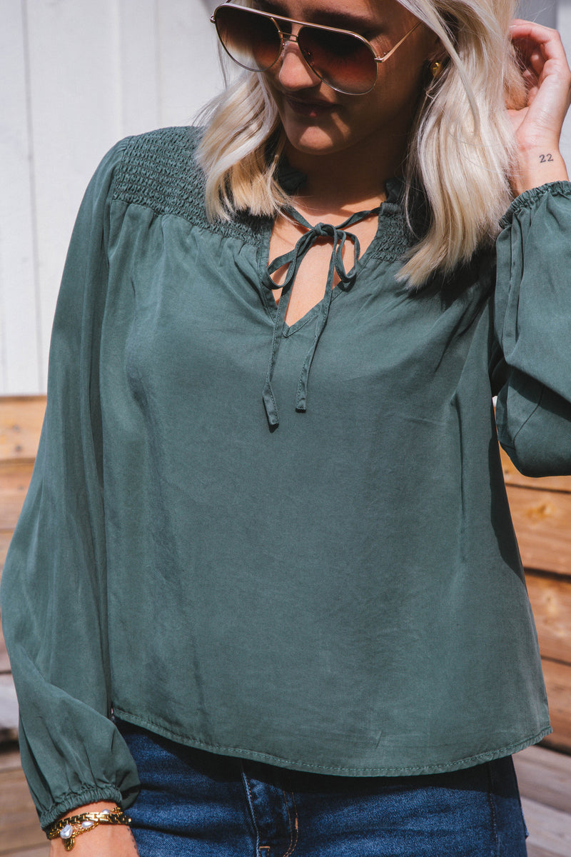 Penelope Smocked Tie Top, Dark Green | Velvet Heart