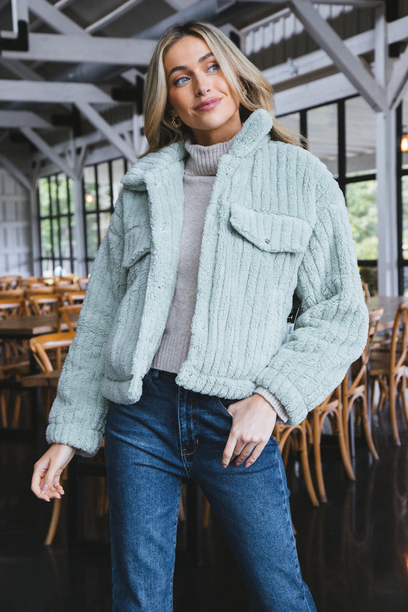 Teddy Snap Button Down Jacket, Sage