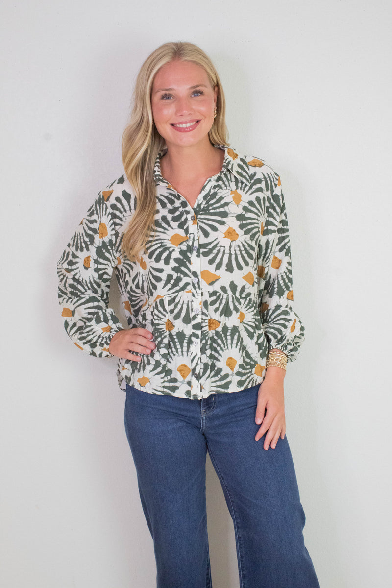 Katherine Printed Button Down Top, Olive