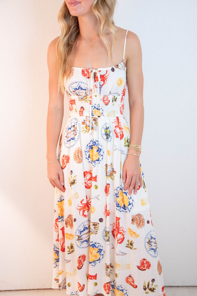 Faye Seaside Lunch Midi Dress, Ivory Multi
