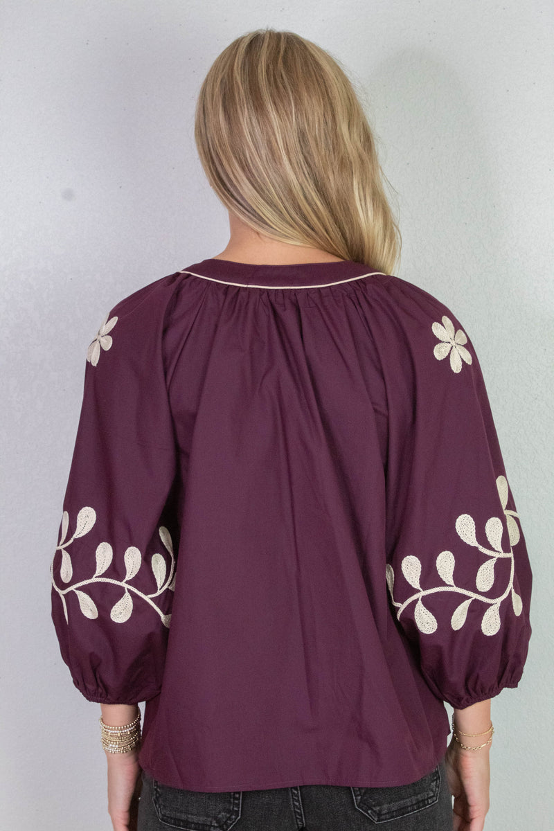 Amira Embroidered Sleeve Buttoned Blouse, Merlot
