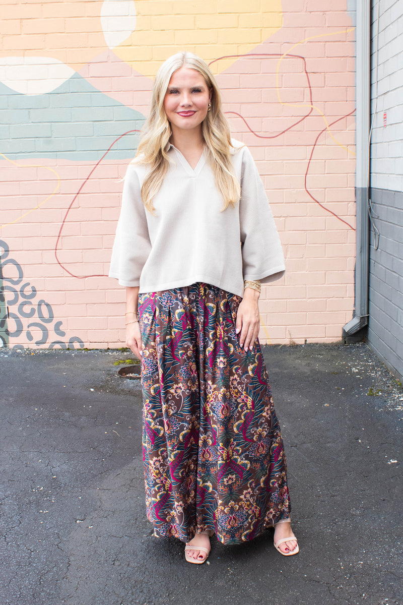 Ariah Printed Elastic Waist Pants, Caramel Mix