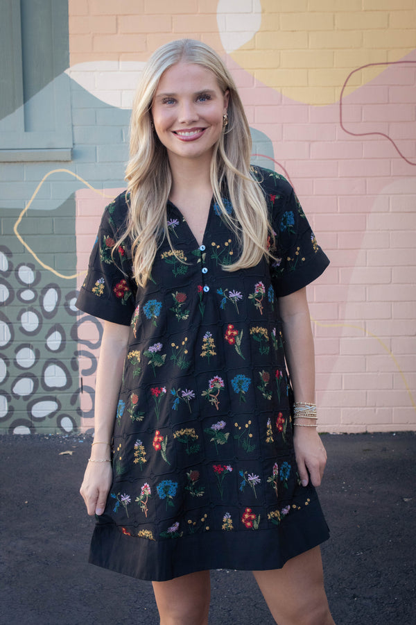 Abigail Floral Embroidered Dress, Black