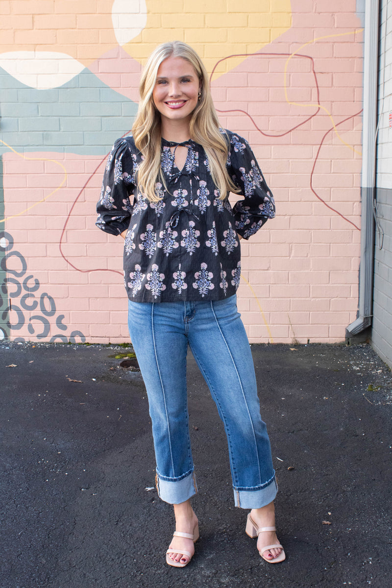 Reese Tie Neck Blouse, Black Mix