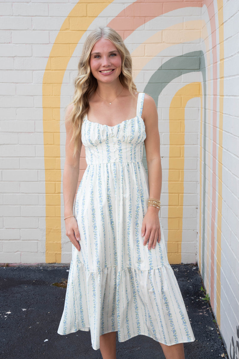 Beatrice Floral Stripe Midi Dress, Blue Multi