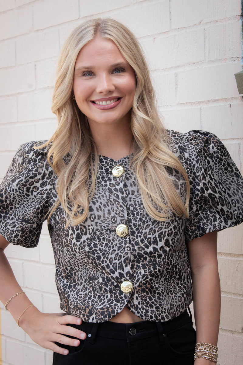 Faye Puff Sleeve Leopard Jacket, Black