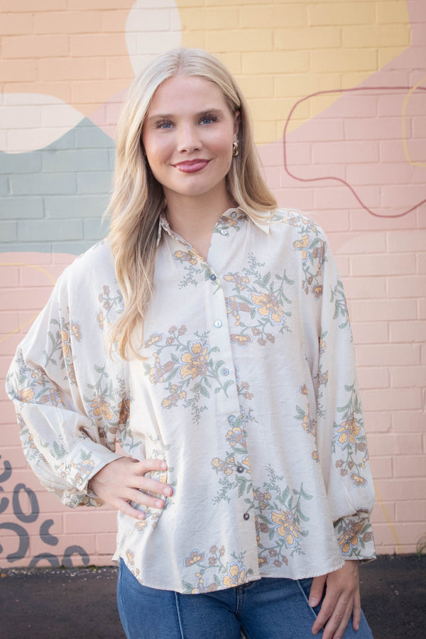 Lucy Button Down Floral Top, Ecru