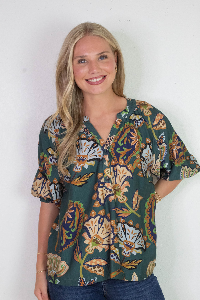 Cecilia Printed Half Sleeve Blouse, Teal