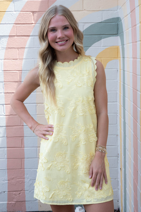 Cali 3D Floral Applique Mini Dress, Lemon