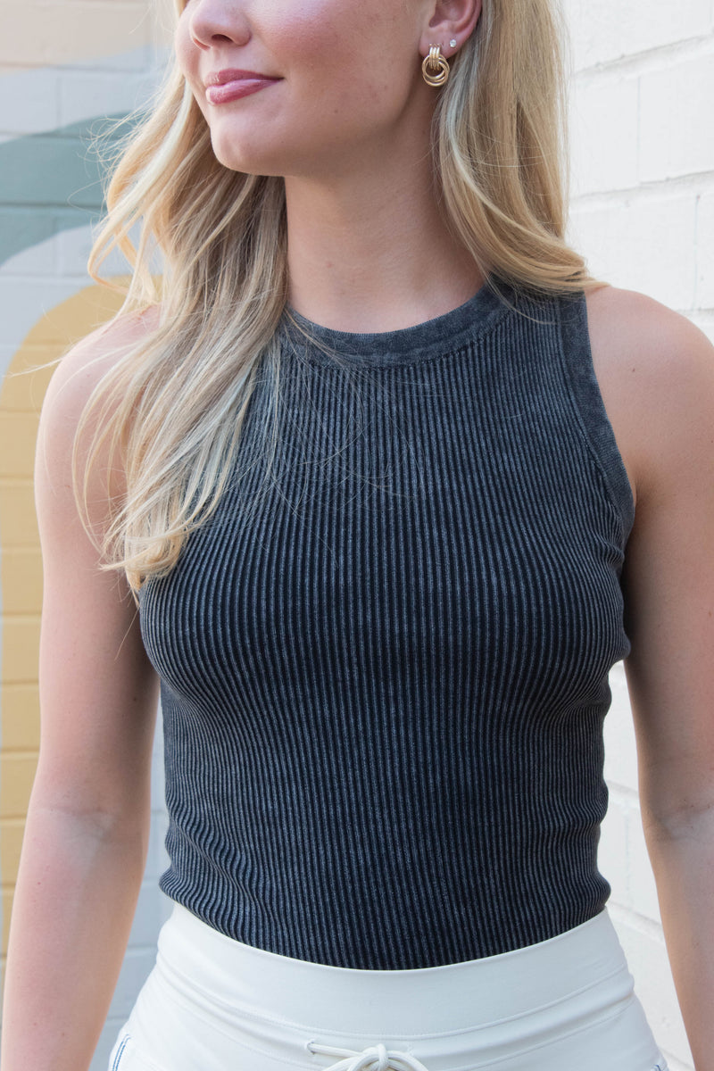 Elowen Washed Ribbed Tank Top, Charcoal