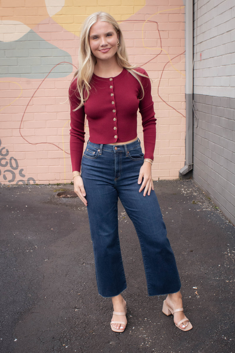 Josie Rib Knit Cropped Cardigan, Red Wood
