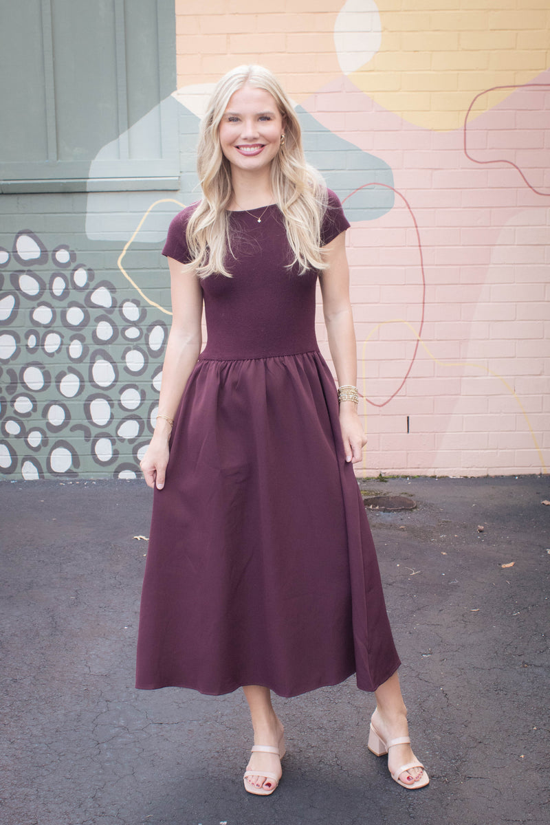 Lillian Woven Knit Mix Dress, Maroon