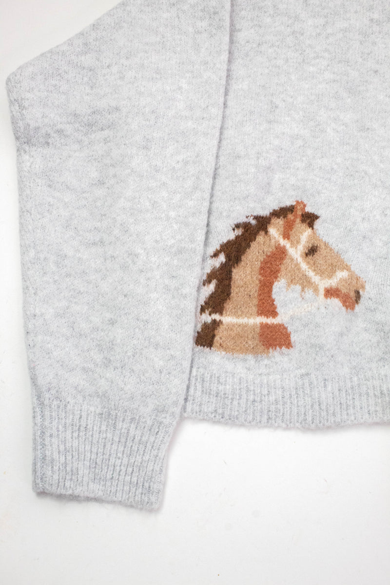 Horse Print Button Up Cardigan, Grey