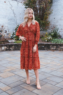 Kinsley Three Quarter Sleeve Printed Tiered Maxi Dress, Wine