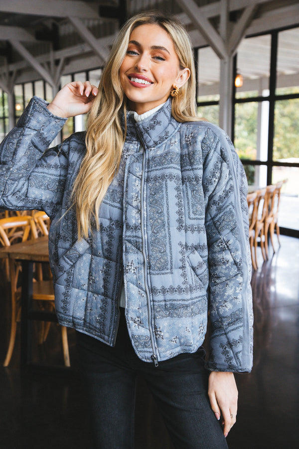 Kassidy Quilted Zip Up Jacket, Grey-Multi