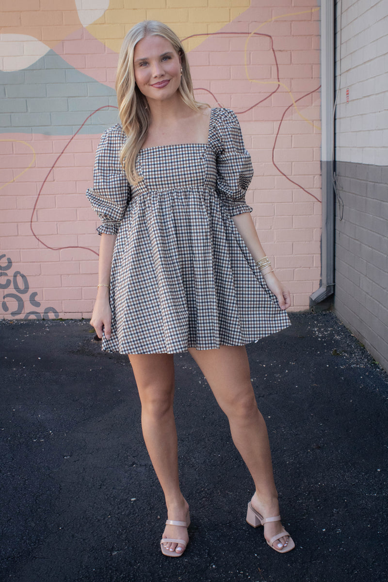 Rumi Square Neck Plaid Mini Dress, Navy/Brown