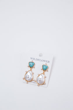 Pearl and Triangle Stone Earring, Turquoise/Gold