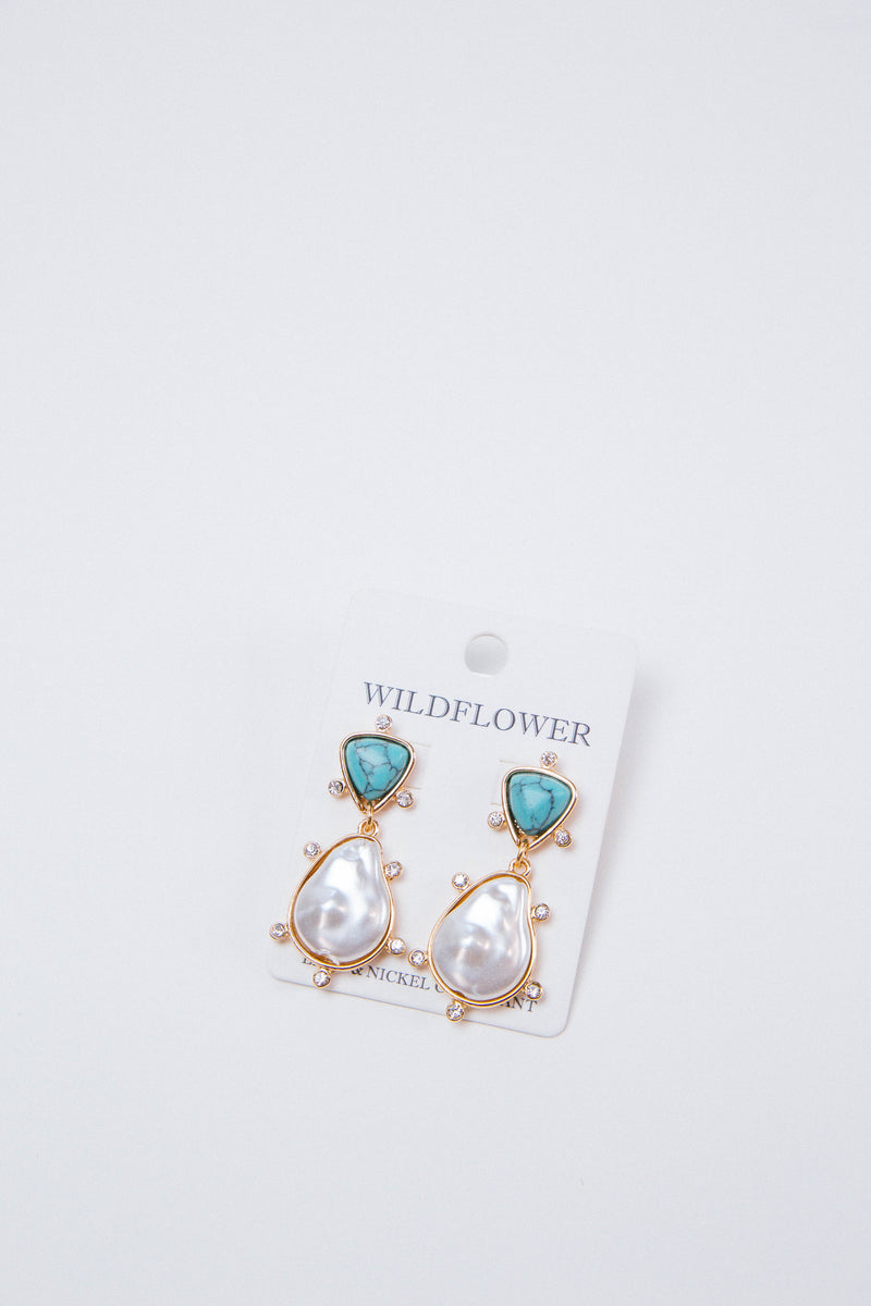 Pearl and Triangle Stone Earring, Turquoise/Gold