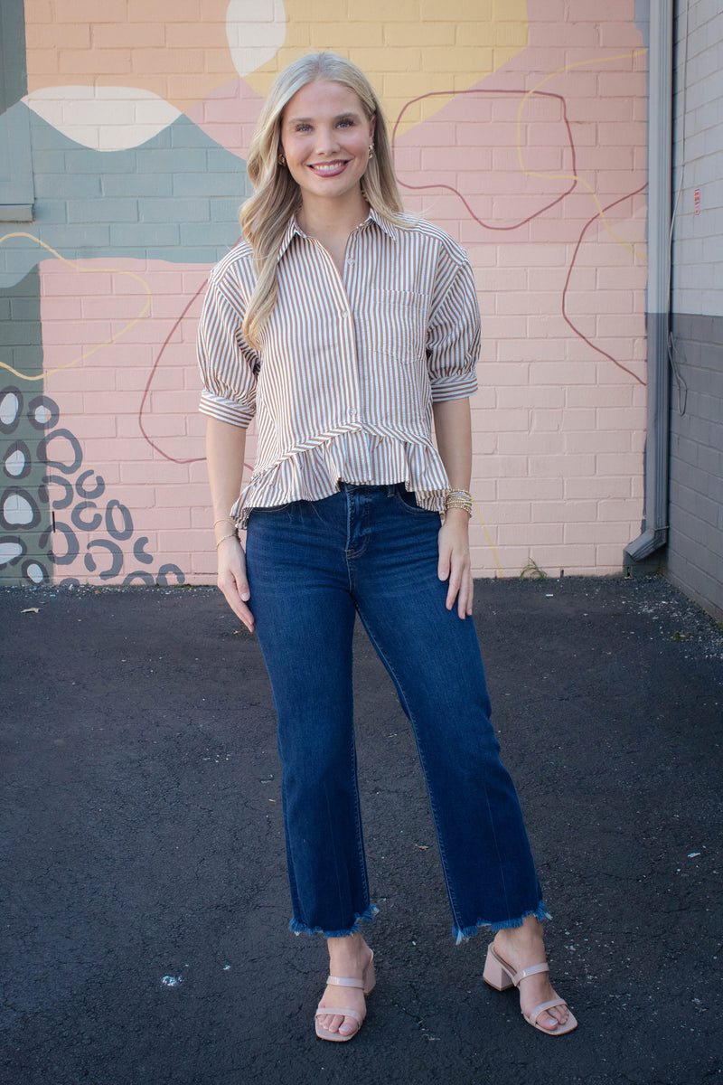 Indie Striped Ruffle Hem Button Up Top, Brown