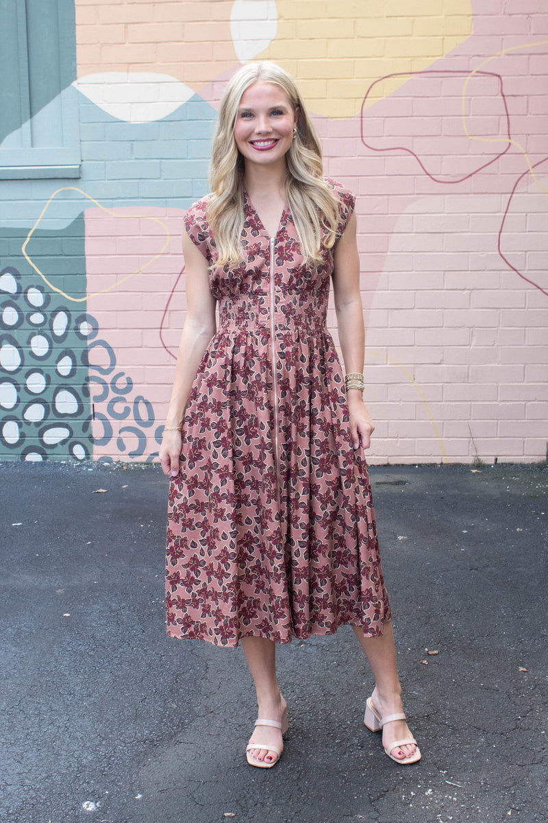 Molly Printed Front Zip Dress, Dusty Rose/Wine