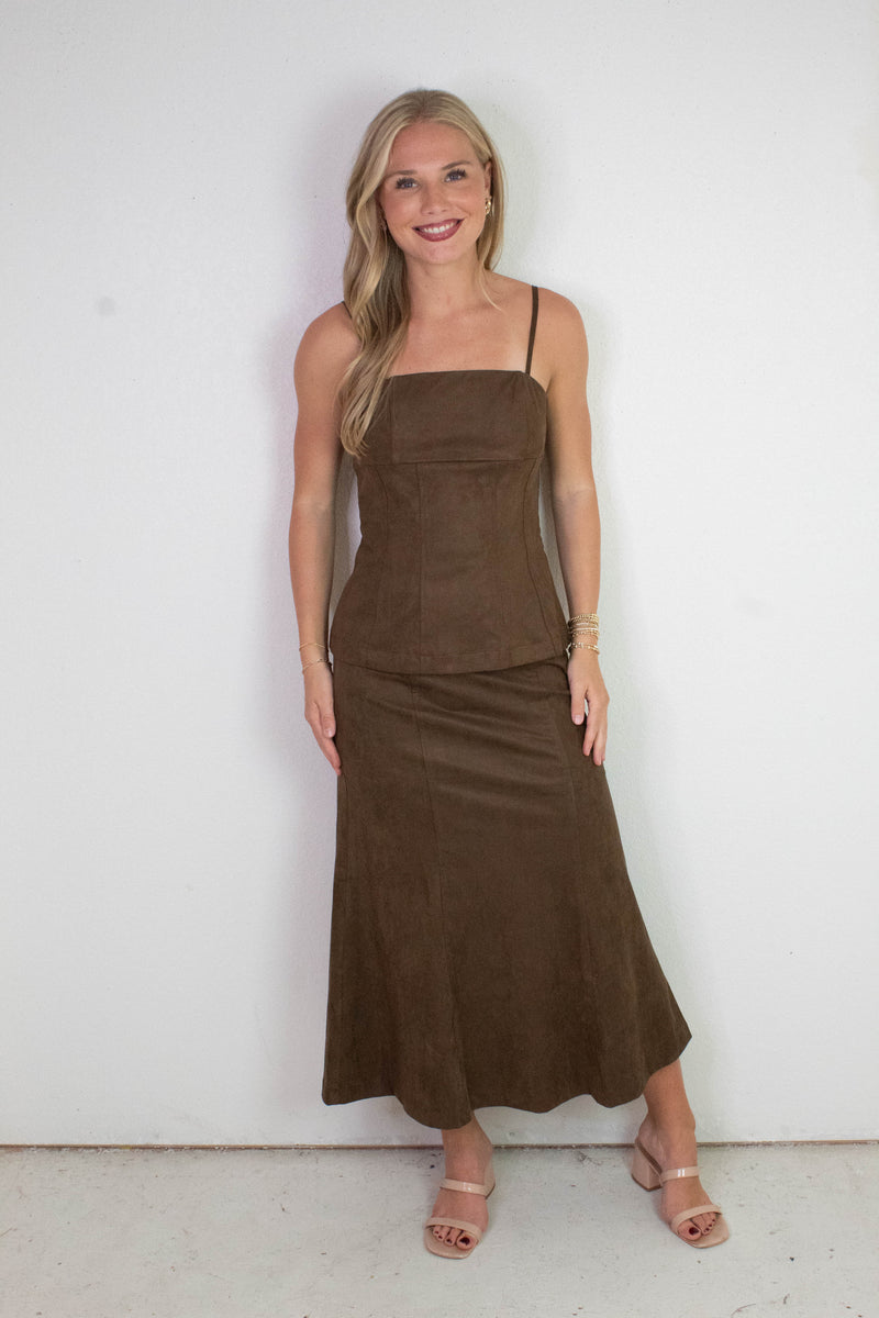 Madison Suede Gore Hem Skirt, Dark Oak