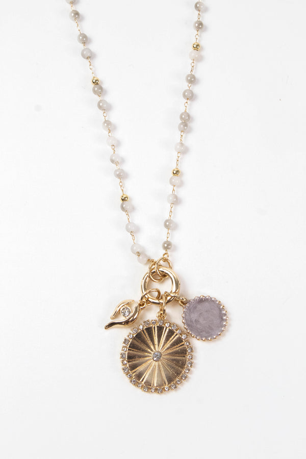 Viola Charm Pendant Short Necklace, Light Grey/Gold
