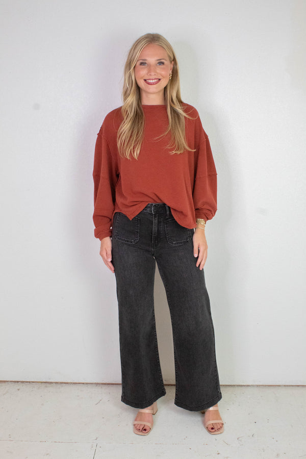 Leah Patch Pocket Wide Leg Jeans, Washed Black