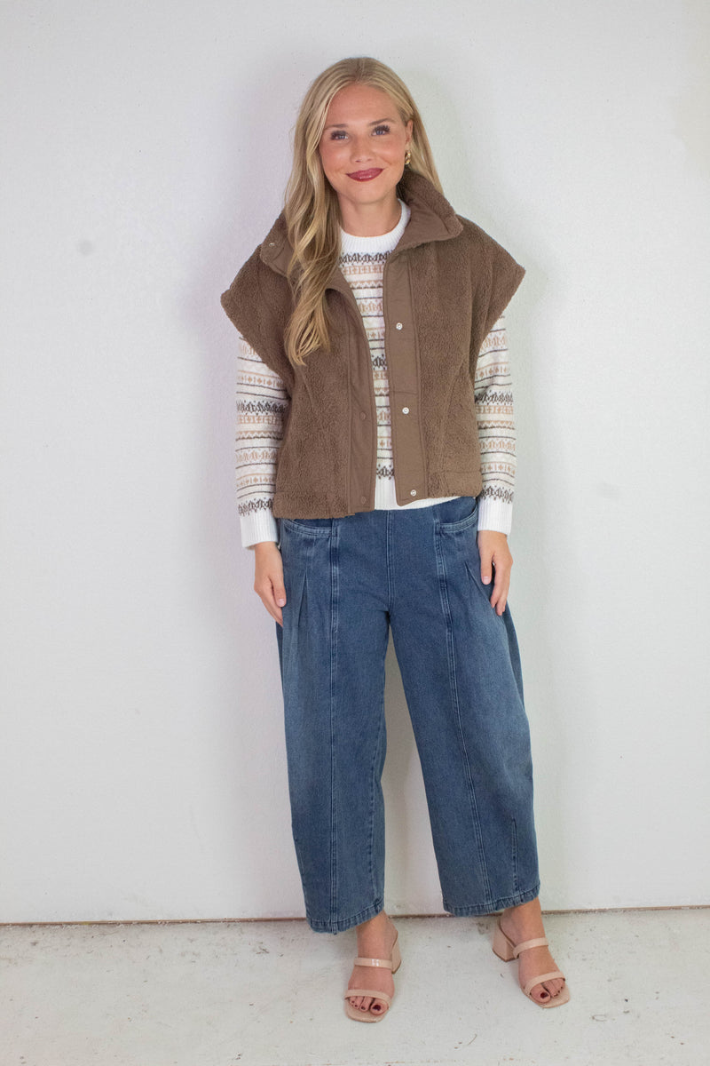 Addison Button Front Faux Fur Vest, Brown