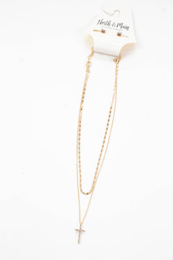 Cecilia Rhinestone Cross Layered Necklace, Gold