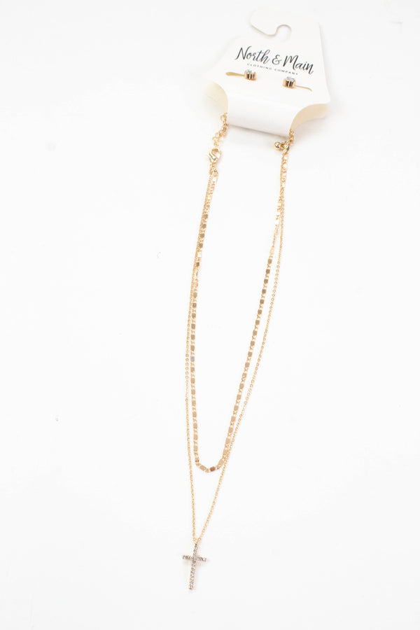 Cecilia Rhinestone Cross Layered Necklace, Gold