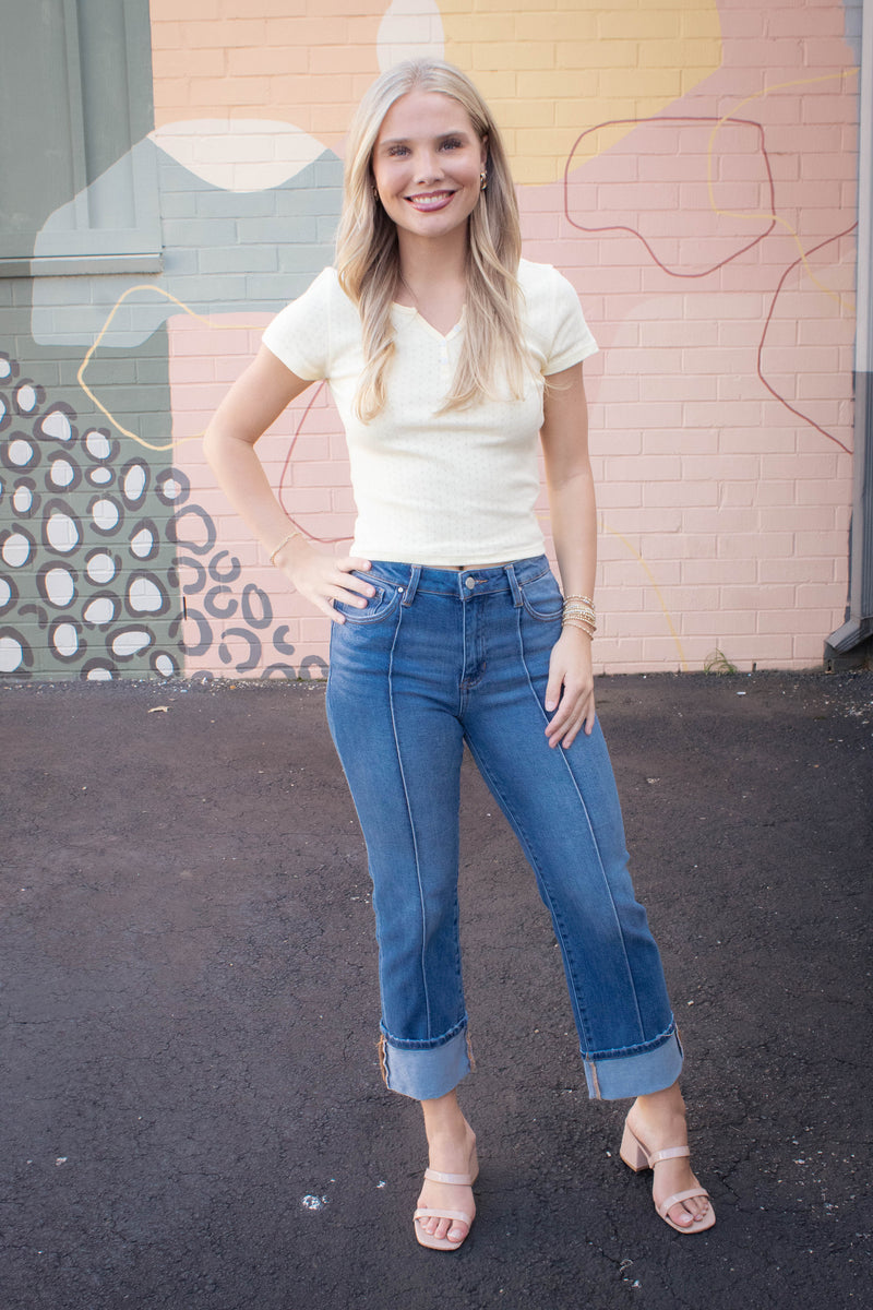 Julia Pointelle Knit Henley Top, Butter