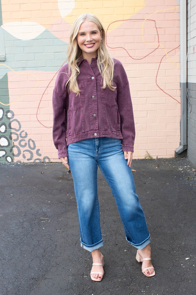 Audrey Button Down Denim Jacket, Cherry Lacquer