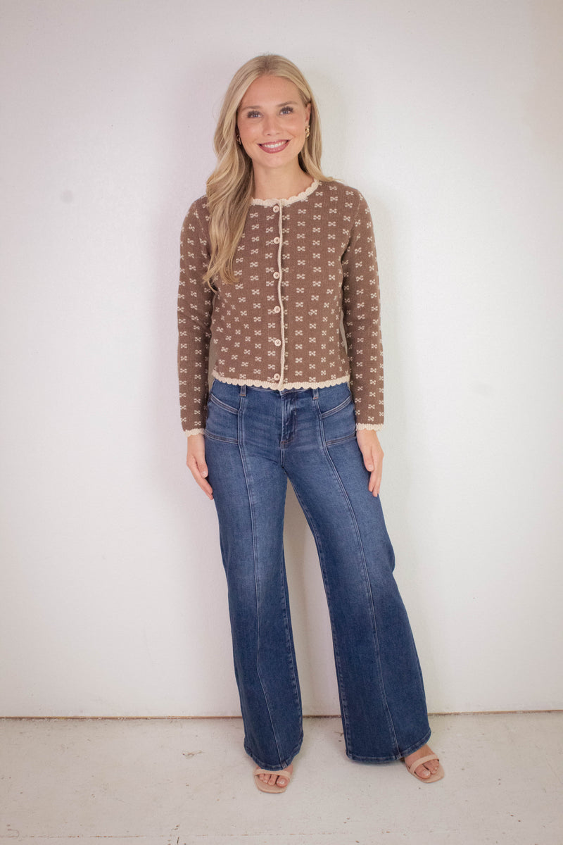 Lia Printed Contrast Scallop Trim Cardigan, Cocoa