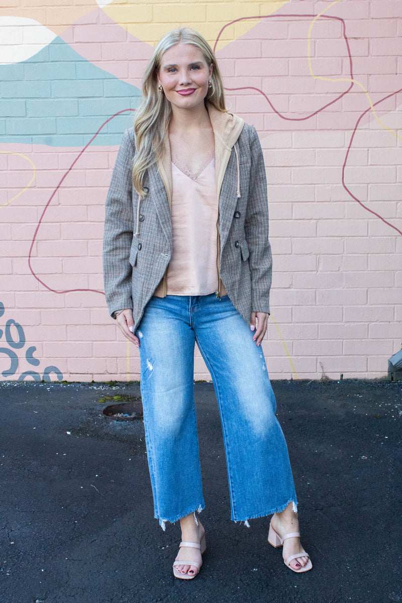 Jovie Herringbone Pattern Hooded Blazer, Tan Combo