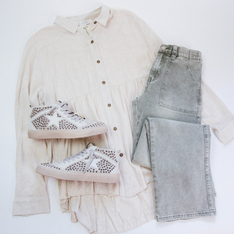 Birdie Button Down Babydoll Shirt, Oatmeal | Plus Size